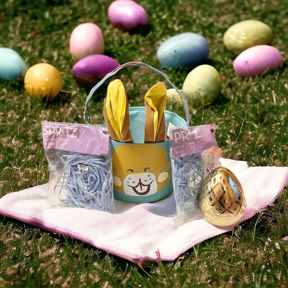 Spritz Easter Bunny Basket Bundle Blue Grass Gold Egg NEW Holiday Set